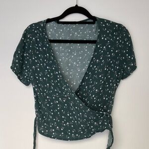 Brandy Melville Dark Green Floral Wrap Blouse